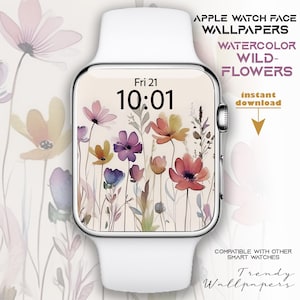 Quadrante Apple Watch, sfondi smartwatch, sfondo Botanical Watch, quadrante Samsung Galaxy Watch, quadrante boho con fiori selvatici, acquerello floreale