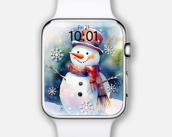 Happy Snowman Apple Watch Face: Winter Holiday watch Wallpaper Background, vintage frosty snowman, snowflakes falling, vintage Winter scene