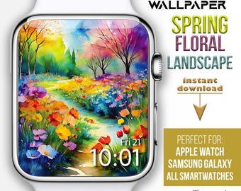 Tapeta Apple Watch, Żywe tapety estetyczne w kolorach tęczy, Tarcza zegarka z kwiatowym krajobrazem, Tło smartwatcha, kwiaty w stylu boho akwarelowe