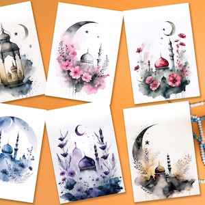 Pinturas em aquarela de mesquita, cartões de felicitações DIY Eid Mubarak, Ramadan Mubarak, conjunto de 6 imagens JPG de mesquita minimalista, design de clipart de mesquita