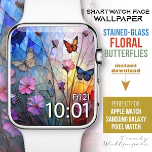 Quadrante Apple Watch, sfondo colorato per orologio con farfalle pastello e floreali, quadrante in vetro colorato, quadrante per smartwatch, primavera botanica boho