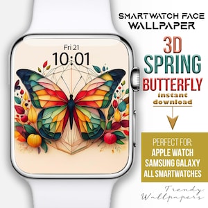 May include: A smartwatch face design featuring a colorful 3D butterfly with a spring theme. The design includes a geometric pattern and a digital clock display that reads "Fri 21 10:01". The text "SMARTWATCH FACE WALLPAPER 3D SPRING BUTTERFLY instant download PERFECT FOR: APPLE WATCH SAMSUNG GALAXY ALL SMARTWATCHES Trendy Wallpapers." is also included in the image.