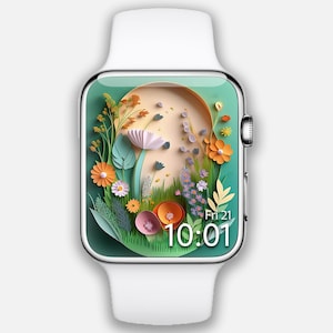 Quadrante Apple Watch, sfondo floreale 3D, quadrante smartwatch paesaggio di fiori selvatici verde menta, quadrante botanico, quadrante fiore primaverile