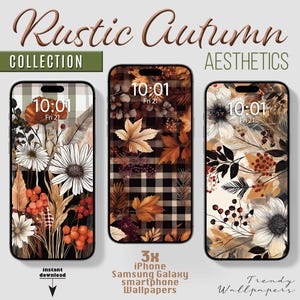 Rustika blommor iPhone-bakgrunder, Smartphone-bakgrundsset, Rutiga höstlöv, pumpor, skärmsläckare för telefoner, Vintagekonst
