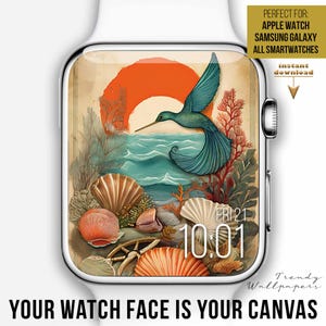 May include: A white smartwatch displaying a digital wallpaper featuring a teal hummingbird flying over a blue ocean with a large orange sun, seashells, and coral. The screen shows the time 10:01 and the date FRI 21. Text includes PERFECT FOR: APPLE WATCH SAMSUNG GALAXY ALL SMARTWATCHES, instant download, and YOUR WATCH FACE IS YOUR CANVAS.