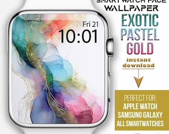 Apple Watch Wallpaper, rosa und petrol Pastell ästhetische Tapete, Gold Aquarell Uhr Gesicht, bunte abstact Welle Smartwatch Hintergrund