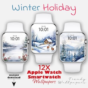 May include: Three white Apple Watch smartwatches with winter-themed wallpaper designs. The watch faces display a lake scene, a cabin with deer, and a snowy forest. The text "Winter Holiday" and "12X Apple Watch Smartwatch Wallpapers" are also visible.