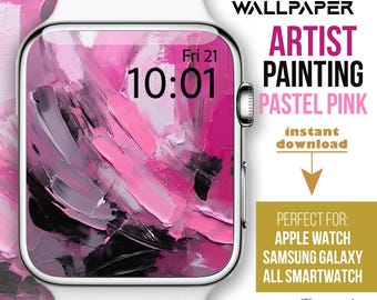 Esfera de Apple Watch, fondo de pantalla de reloj rosa, esfera de reloj inteligente con pintura abstracta de pinceladas rosas, esfera de reloj para ella, esfera de reloj de artista, amante del arte