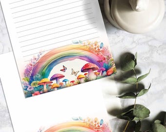 Ensemble de papier à lettres, papier à lettres pour journal pour enfants, 8,5 x 11, papier A4, feuilles imprimables, ensemble de papeterie botanique printemps floral champignon arc-en-ciel