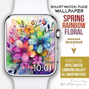 Sfondo Apple Watch, sfondi estetici pastello arcobaleno luminoso, quadrante floreale Apple Watch, sfondo Smartwatch, fiori acquerellati boho