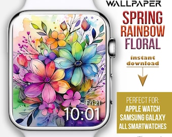 Fondo de pantalla para Apple Watch, fondos de pantalla estéticos de arcoíris pastel brillante, esfera floral para Apple Watch, fondo para reloj inteligente, flores de acuarela boho