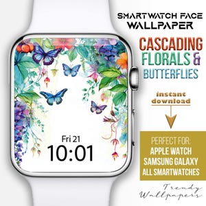 Quadrante Apple Watch, sfondo floreale per orologio, quadrante smartwatch con fiori pastello, quadrante botanico a cascata, quadrante primavera, design a farfalla