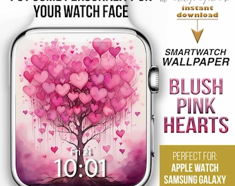 Esfera de Apple Watch, fondo de pantalla de reloj con corazones, árbol de corazones rosa, esfera rosa de Apple Watch, reloj inteligente, esfera de reloj con corazones rosas, esfera de reloj rosa ruborizado