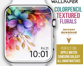 Tapeta na Apple Watch, tęczowe pastelowe tapety estetyczne, tarcza Apple Watch z motywem kwiatowym, tło smartwatcha, rysunek kwiatów akwarelowych boho