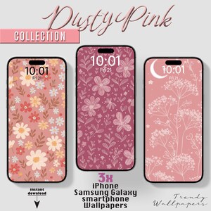 iPhone wallpapers, Set of 3, Dusty pink floral Smartphone Wallpaper, pink flower wallpaper, Screensaver, blush pink Spring Phone Background