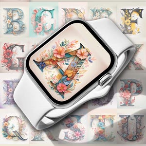 May include: A white smartwatch displays a floral letter "V" against a backdrop of other floral letters. The image includes the text "In the personalization box, type your letter."