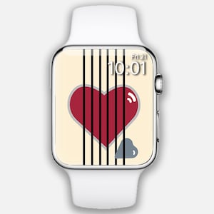 May include: A white Apple Watch with a digital clock face displaying "Fri 21 10:01". The watch face has a red heart behind black vertical bars.