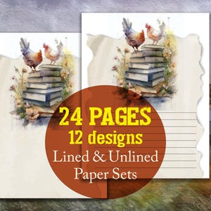Farm Writing Paper, Chicken Stationery, Note paper, Junk Journal, stack of books Journal Set, floral Journal, Journal Paper, Scrapbook Paper
