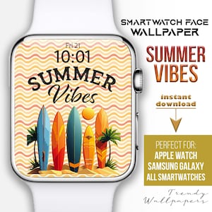 Quadrante dell'orologio, accessori per Apple Watch, quadrante estivo, sfondo per orologio con vibrazioni estive, quadrante con tavola da surf, sfondo per smartwatch, estate