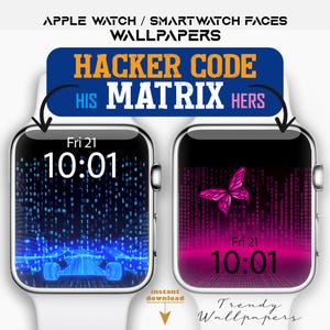Puede incluir: Dos smartwatches con esferas digitales. Uno muestra un diseño de código binario azul con un coche de carreras, el otro una mariposa rosa. El texto dice "HACKER CODE MATRIX" y "Trendy Wallpapers."