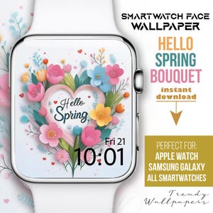 Quadrante Apple Watch, sfondo Hello Spring Floral, quadrante smartwatch con fiori pastello, quadrante botanico, quadrante primavera, bouquet di cuori