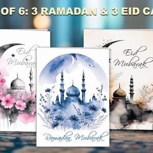 Cartão Ramadan Mubarak, cartões Eid, cartão Ramadan, cartões de felicitações Eid Mubarak para impressão, conjunto de 6 cartões Ramadan e Eid, arte em aquarela de mesquita