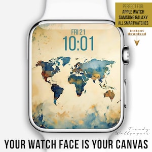 Puede incluir: Un smartwatch con una esfera de mapa del mundo. La esfera muestra la fecha y la hora, con el texto "FRI 21 10:01". El diseño tiene un estilo vintage de acuarela con tonos azules y marrones. El texto "YOUR WATCH FACE IS YOUR CANVAS" está en la parte inferior.