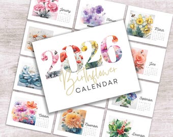 2026 Birth flower Calendar: Minimalist Watercolor flowers, US Letter Size, 11x8.5 inches, Printable monthly 2026 calendar, Digital Download