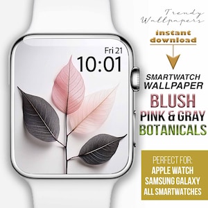 Quadrante Apple Watch, Sfondi per smartwatch con foglie vintage, Sfondo minimalista autunnale per orologio, Quadrante con foglie botaniche rosa e grigie, rosa