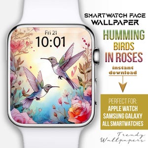 Quadrante Apple Watch, Sfondi per Smartwatch, Sfondo Hummingbird per Watch, Quadrante Primavera per Watch, Quadrante Fiori di Campo per Watch, 2 uccelli acquerellati tra le rose