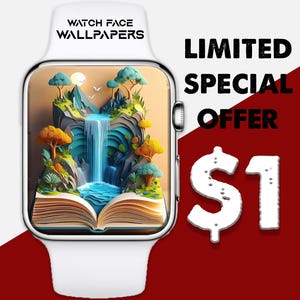 Op de afbeelding: Witte smartwatch met een scherm waarop een landschap met een waterval, bomen en een open boek te zien is. De wijzerplaat is voorzien van de tekst "WATCH FACE WALLPAPERS". De afbeelding bevat ook de tekst "LIMITED SPECIAL OFFER" en een dollarteken met het cijfer 1.