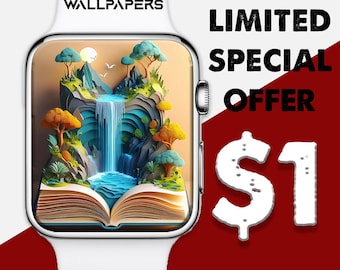 Esfera de Apple Watch de más de 1 dólar, fondo de pantalla de cascada bohemia 3D, esfera de smartwatch en tonos beige y azul neutro, fondo de reloj con aires de libro, arte de fantasía en 3D