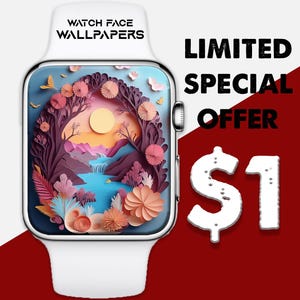 May include: White smartwatch with a landscape wallpaper featuring a river, mountains, and trees in shades of pink, orange, and blue. The watch band is white, and the text "WATCH FACE WALLPAPERS" is at the top. The text "LIMITED SPECIAL OFFER" is displayed.