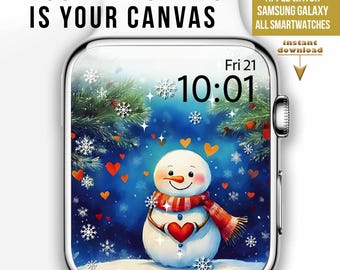 Baby Snowman Apple Watch Face, Winter Holiday season watch Wallpaper Background, vintage frosty snowman, snowflakes, happy snowman hearts