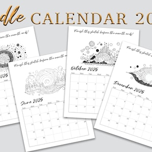 Calendario 2025, planificador de garabatos, calendario de garabatos 2025, calendario creativo, tamaño carta de EE. UU., 1 página por mes, desafío de 1 garabato por mes,