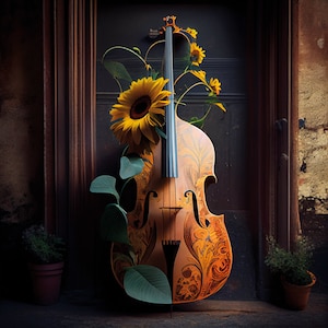 A Double Bass married to a Sunflower, Flowers, Instrument, Digital Art, Painting, Bass Poster, Instrument Poster, Printable Art