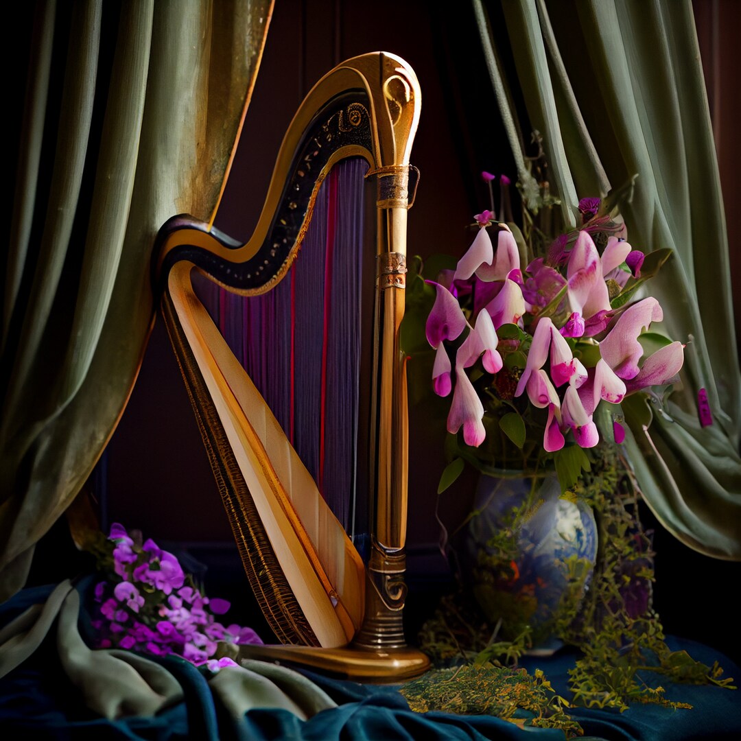 A Harp Married to an Orchid, Harp, Flowers, Instrument, Digital Art