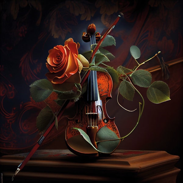 A Violin Married to a Rose, Violin, Flowers, Instrument, Digital Art, Painting, Violin Poster, Instrument Poster, Printable Art