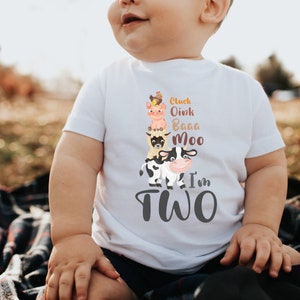 Farm 2nd Birthday Shirt, Cluck Oink Baa Moo I&#39;m Two Birthday Shirt, Barnyard Farm Birthday, Barn Animals Matching Family Shirts, Family Tees