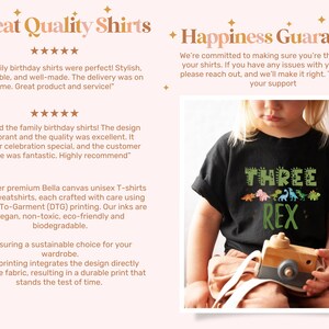 May include: A black t-shirt with a green dinosaur graphic and the text "THREE REX". The shirt is being worn by a child holding a wooden toy.