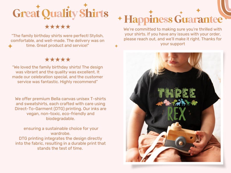 May include: A black t-shirt with a green dinosaur graphic and the text "THREE REX". The shirt is being worn by a child holding a wooden toy.