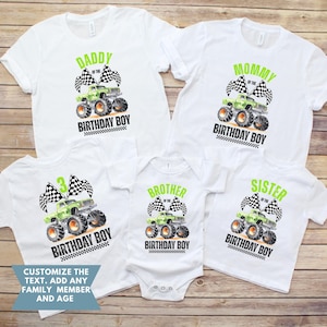 Puede incluir: Camisetas blancas y un body con un dise&ntilde;o de cami&oacute;n monstruo. Las camisetas tienen texto que dice "Daddy", "Mommy", "3", "Brother" y "Sister" con "Birthday Boy" debajo. El dise&ntilde;o incluye banderas a cuadros.