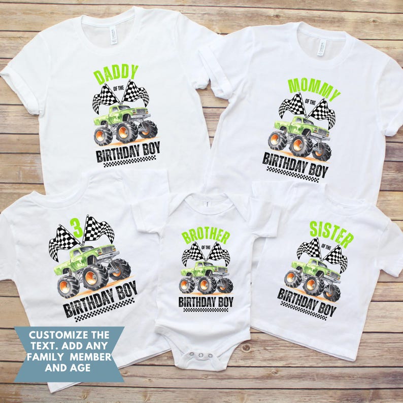 Puede incluir: Camisetas blancas y un body con un dise&ntilde;o de cami&oacute;n monstruo. Las camisetas tienen texto que dice "Daddy", "Mommy", "3", "Brother" y "Sister" con "Birthday Boy" debajo. El dise&ntilde;o incluye banderas a cuadros.