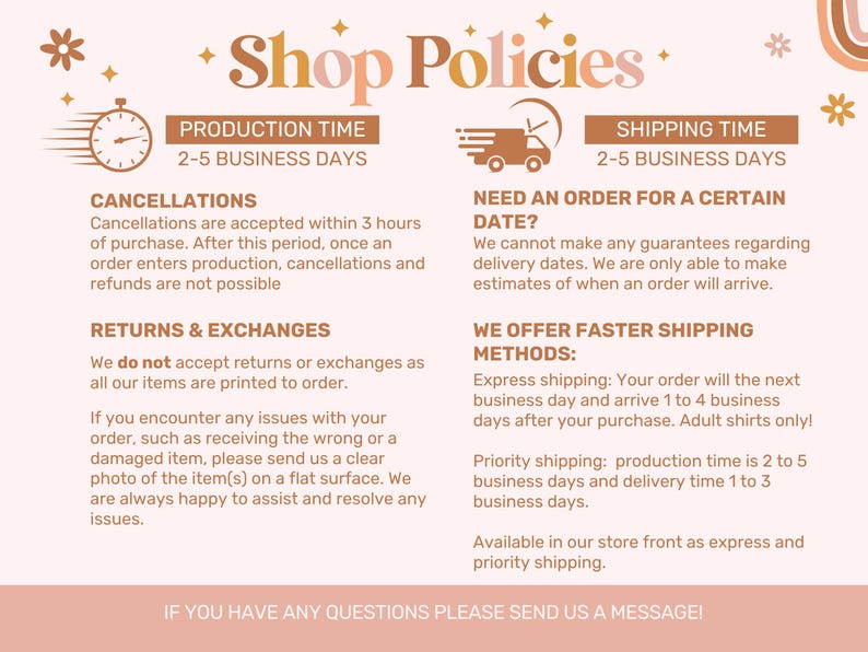 May include: A light pink informational graphic titled Shop Policies with brown text and icons. It details production and shipping times of 2-5 business days, cancellation windows, return policies, and express shipping options for custom printed items.