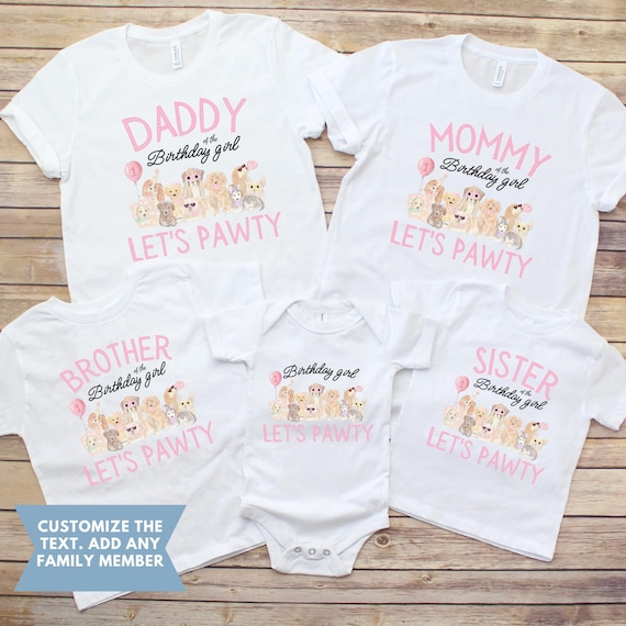 Custom Puppy Party Shirts Family Dog Birthday Matching Outfits Personalized Let’s Pawty Girl Shirt Puppy Birthday Party Outfit Shirt
