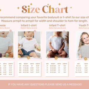 May include: A size chart for apparel featuring four columns with photos of children wearing white or grey shirts. Each column lists brand names, sizes, weights in pounds, and widths and lengths in inches for onesies and t-shirts.