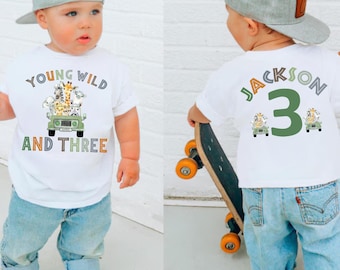 Camiseta de cumpleaños Young Wild and Three, Camiseta de tercer cumpleaños, Cumpleaños de animales de la selva y safari del zoológico, Conjunto de cumpleaños salvaje, Camiseta de cumpleaños salvaje, Salvaje uno