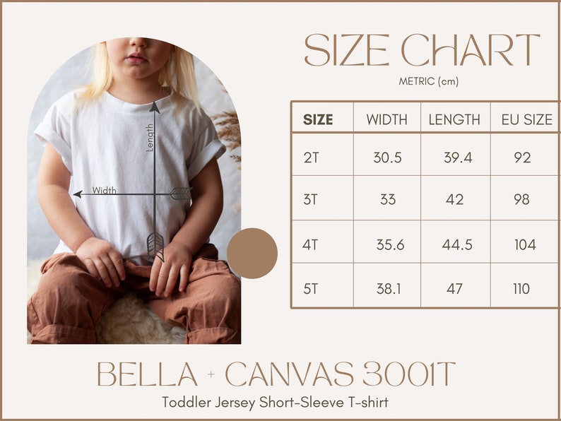 May include: Size chart for a toddler jersey short-sleeve t-shirt. The chart shows the width, length, and EU size in centimeters for sizes 2T, 3T, 4T, and 5T.