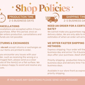 May include: A peach-colored graphic with the text "Shop Policies" and details on production time, shipping time, cancellations, returns, and faster shipping methods. The image includes decorative floral and star elements.