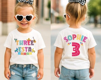 Chemise d'anniversaire Threeesta, chemise d'anniversaire Fiesta personnalisée, tenue pour 3e anniversaire, fête d'anniversaire mexicaine Threeesta, Fiesta familiale assortie